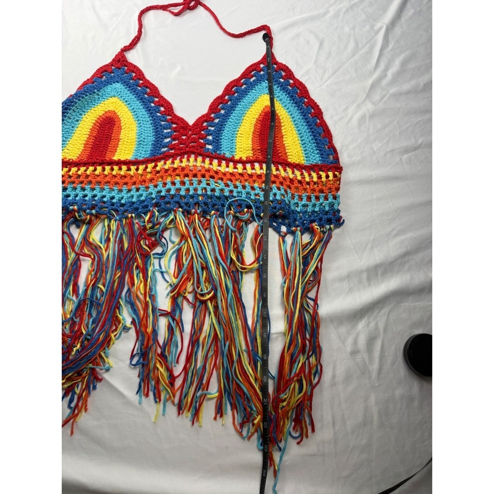 Boho Rainbow Crochet Tassel Halter Top Festival Wear S/M - Picture 6 of 6